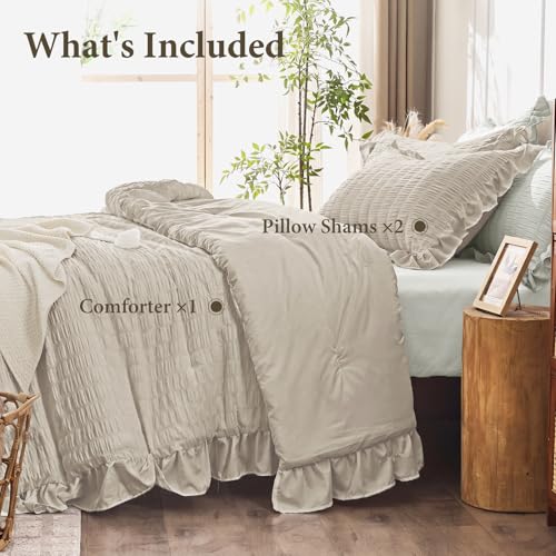 Image of JOLLYVOGUE King Size Comforter Set, 3 Pieces Oatmeal Seersucker Comforters King Size, Lightweight & Fluffy Bedding Sets King for All Season with 1 Ruffle Comforter and 2 Ruffle Pillowshams