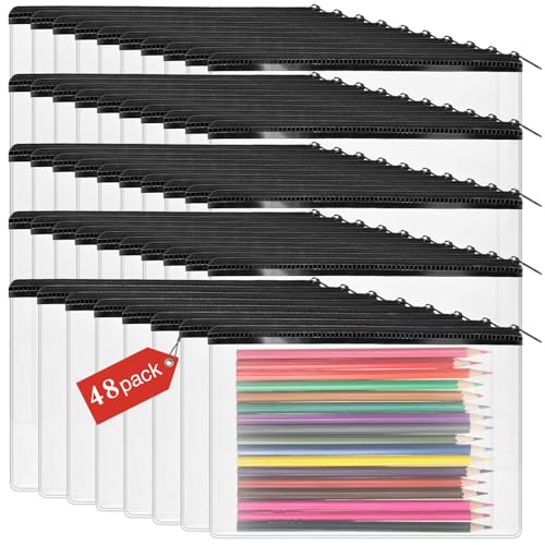 Feifeiya 48 Pcs Clear PVC Pencil Pouch Bulk 8.66 x 5.71 Inch Soft Pencil Case Bag Transparent Zipper Pouch for Kids Girls Boys School Supplies Travel Storage (Black)