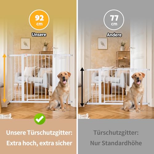 LAOYE Treppenschutzgitter ohne Bohren, Extra Hoch 92 cm Höhe, 75-124 cm Breite, Türgitter Baby mit 3 Verlängerungen, für Kinder, Hunde und Katzen, Auto-Close & 90° Stopp - Weiße