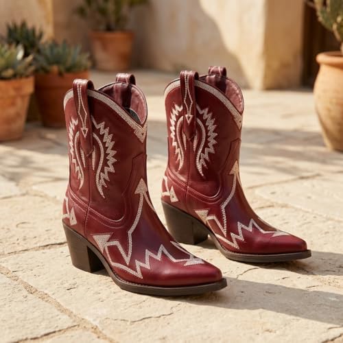 Image of HOCHFART Western Boots for Women Metallic Embroidered Pointed Toe Cowgirl Boots Chunky Heel Pull-On Short Cowboy Boots Wide Calf Country Ankle Boots