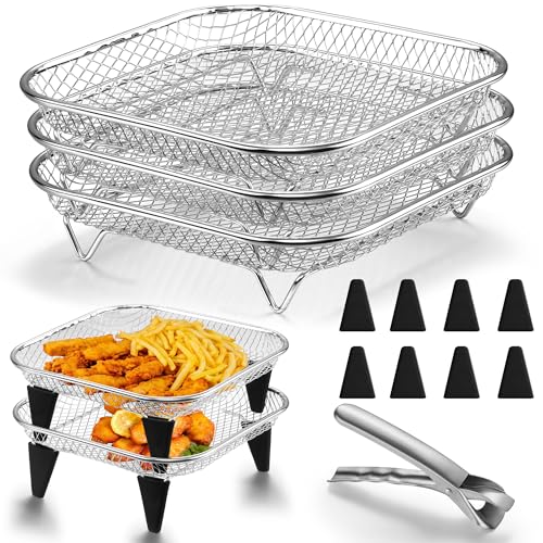 Onader Heißluftfritteuse Zubehör 3-tlg Edelstahl Eckig Frittierkorb Grillrost für Airfryer Airfryer Zubehör mit 8 Silikonfüßen und 1 Greifklammer für Frittieren Backen Stapelbar Spülmaschinenfest