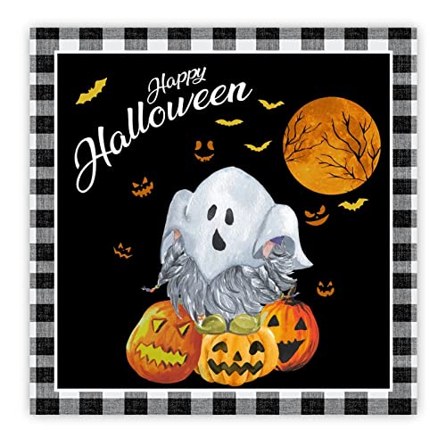 Plaque en bois Happy Halloween de 40 cm avec motif de nain de citrouille