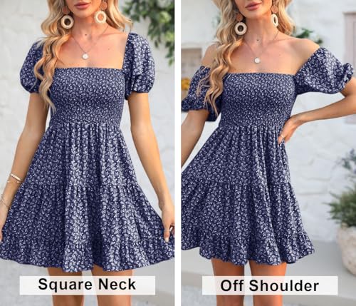 Image of Veatzaer Women's Puff Sleeve Square Neck Smocked Babydoll Dress Boho Floral Print Off Shoulder Ruffle Mini Short Dress