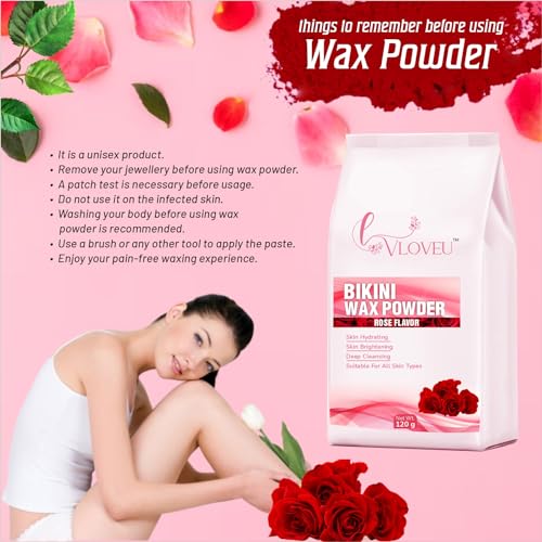 Image of VLOVEU - Rose Bikini Wax Powder for Women - 120g, Pack of 1 | 5 Minutes Painless Herbal Wax Powder for Hair Removal | Easy to Use at Home, No Chemicals - No Irritation, Bikini Wax for Women and Girls