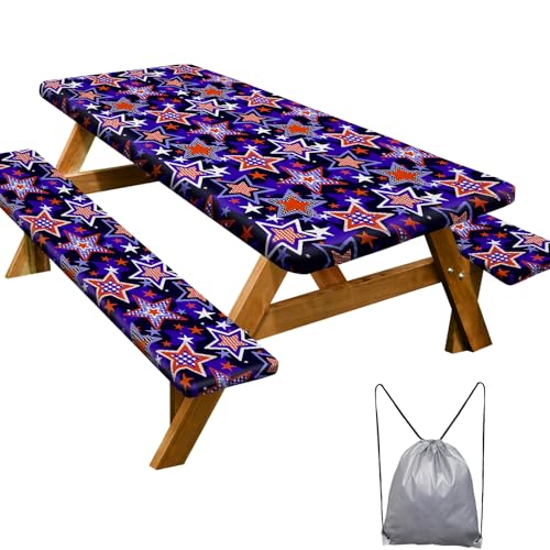 Image of Picnic Table Cover with Bench Covers 6FT 3 Pcs Waterproof Windproof Aesthetic Camping Tablecloth with Drawstring Bag, Fitted for 6 Foot Rectangle Tables and Seats, 72 inch, Red Blue Stars
