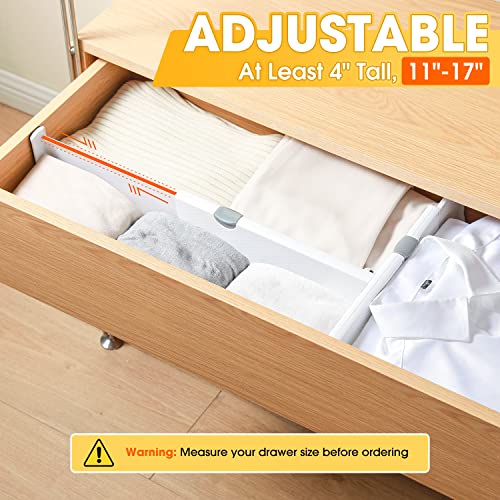 Jonyj Drawer Dividers Organizer 4 Pack, Adjustable Separators With 6 Inserts 4" High Expandable From 11-17" For Bedroom, Bathroom, Closet, Clothing, Office, Kitchen, Strong Secure Hold, White #TOP1