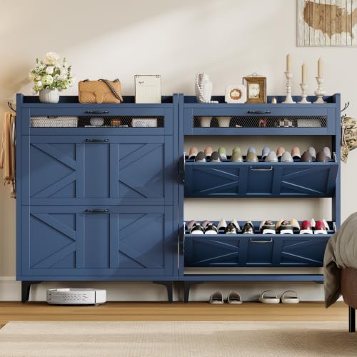 Image of TEENFON Shoe Cabinet with 2 Flip Drawers & Top Drawer, Farmhouse Narrow Shoe Storage Cabinet with Adjustable Shelves & Hooks, Freestanding Hidden Slim Shoe Rack Cabinet for Entryway, Hallway, Blue