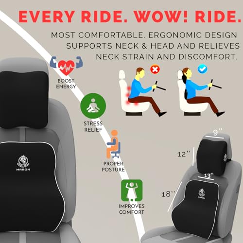 Image of MRRON Series Memory Foam Neck Rest & Extra Lumbar, Relief Pillow, 100% Soft Memory Foam Pillow, Adjustable Strap, Cervical Support for Car Seat. (Black, Long Back)