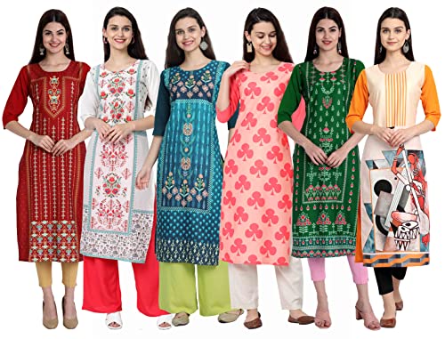 Image of 1 Stop Fashion Women's Crape Multicolor Digital Print Straight Kurtas /Kurtis (Pack of 6)