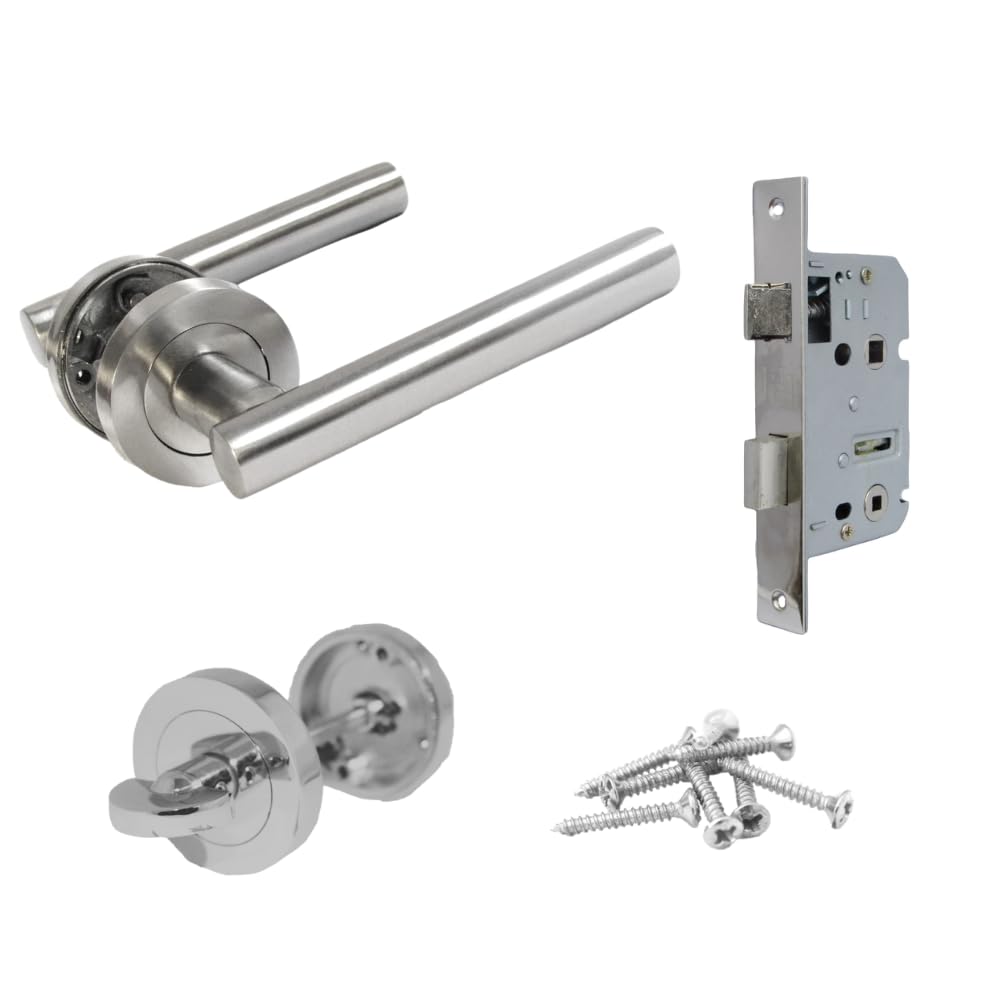 Epsom Door Handle Silver Epsom Bathroom Door Handle – T-Bar Lever On Rose, Satin Nickel, 123Mm Lever, 52Mm Rose –With Thumbturn & Bathroom Sash Lock