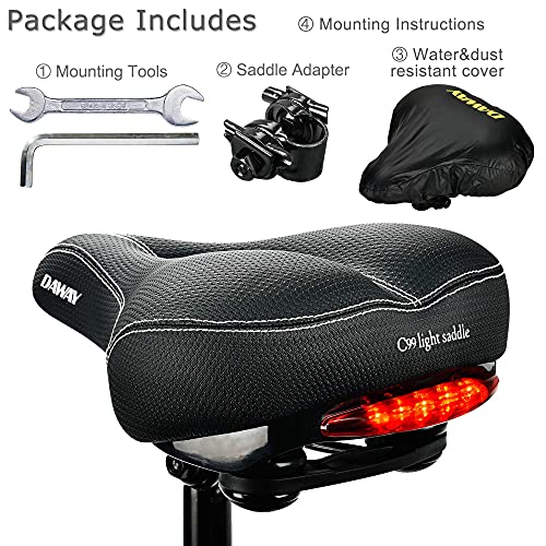DAWAY C99 Men Women Bike Seat - Comfortable Memory Foam Padded Bicycle Saddle with Taillight, Waterproof Wide Leather Cushion, Dual Spring Suspension, Shock Absorbing, Fits Road, MTB, Exercise Bikes