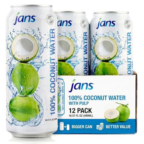 Jans 100% Coconut Water with Pulp, No Added Sugar, Natural Electrolyte Hydration Drink, Unsweetened Coconut Juice Beverage, 16.57 Fl Oz Cans (Pack of 12)