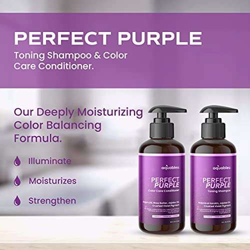 Aquableu Perfect Purple Shampoo & Conditioner Set – Color Correcting To Remove Brassy & Unwanted Yellow Tones – For Silver, Gray, Blond, Bleached, & Highlighted Hair – Moisturizing & Illuminating – 16Oz #TOP2