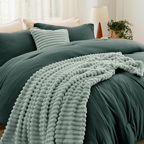Image of Bedsure Comforter Full Size 5 Pieces - Full Size Comforter Set with Fleece Throw Blanket and Decorative Pillow, Lightweiget Bedding Comforter Sets, All Season Bedding Sets, Emerald Green