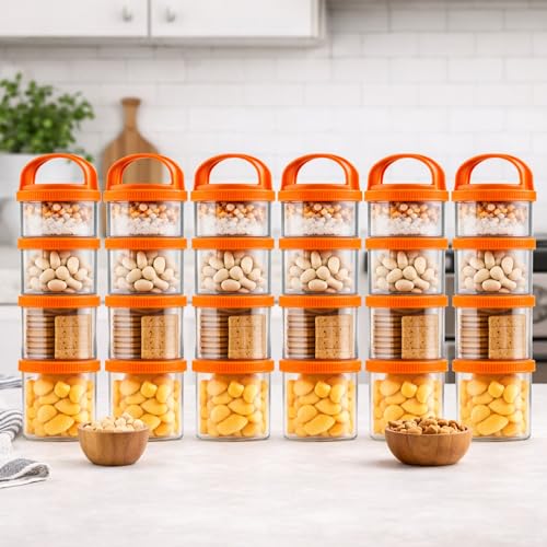 Image of GROB StackIt 4-Layer Stackable Snack Container with Handle | Airtight Food Storage Jar | Multipurpose Dry Fruit, Biscuit & Namkeen Box | BPA Free Plastic | Travel & Kitchen Storage (Pack 6)