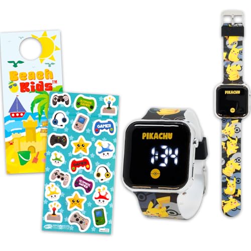 Pokemon Watch for Boys - Bundle with LCD Digital Watch for Kids with Straps Featuring Pikachu Plus Stickers More | Easy to Read Pikachu Wristwatch for Kids