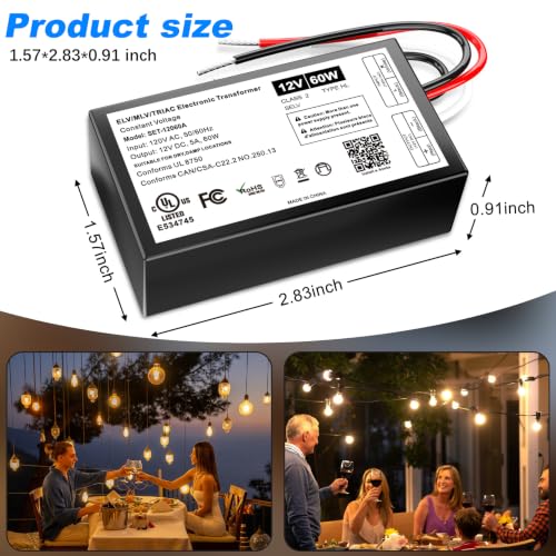 Image of 60W 12V Dimmable LED Driver with Connectors, Triac /ELV /MLV AC to DC Power Supply for LED Light, Halogen Bulb, LED Transformer Compatible with Lutron & Leviton Dimmer, UL&FCC-Listed, Class 2