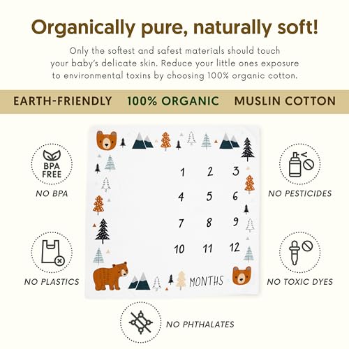 Image of Pondering Pine Organic Baby Monthly Milestone Blanket Boy - Growth Age Blanket for 1-12 Months Milestones with Month Marker Frame and Newborn Announcement Disc, Woodland, Bear, 47 inchx47 inch