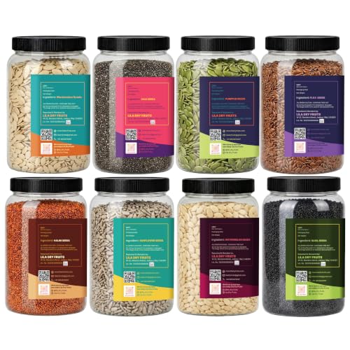 Image of LILA DRY FRUITS 8-in-1 Ultimate Seed Mix Chia Pumpkin Sunflower Watermelon Muskmelon Flax Basil Halim Seeds 100 g each