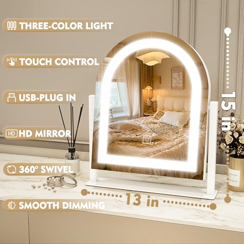 Lighted Makeup Mirror with 3-Color Dimmable Lighting, with Removable 10x Magnifier, Smart Touch Control, 360° Rotation, 15" x 13" Hollywood Vanity Mirror for Tabletop or Desk (White)