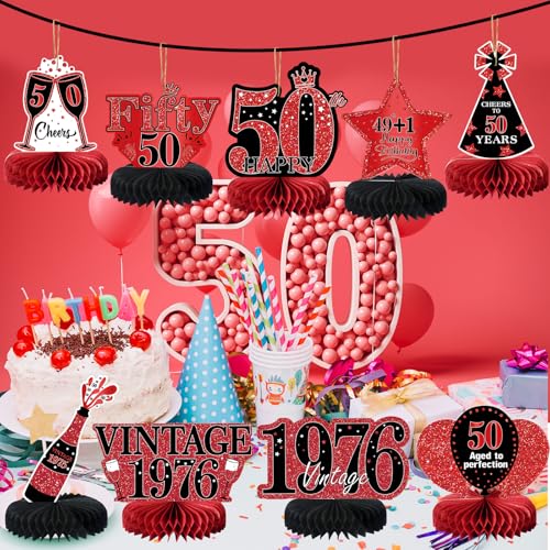 Image of 9Pcs 50th Birthday Decorations Red and Black 50th Birthday Party Decorations for Women,Happy 50 Years Vintage 1976 Aged Honeycomb Centerpieces Table Sign Decor Supplies