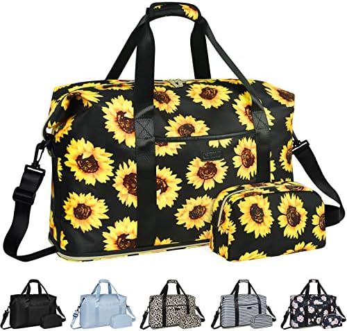 Expandable Travel Duffle Bag, Large Weekender Overnight Bags for Women Men 20.5 Inch Waterproof Carry on Shoulder Tote Bags for Hospital Maternity Mommy Gym with Toiletry Bag Sunflower