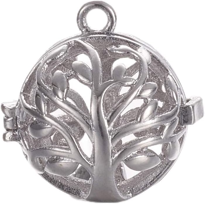 Pandahall 10pcs Brass Hollow Round with Tree of Life Cage Locket Pendants Platinum Plated Essential Oil Scent Diffuser Beads Cage Charms for Pearls Lava Stone Necklace DIY Jewelry Making Findings