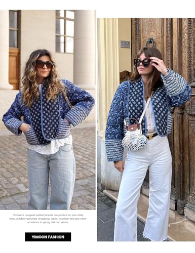 Yimoon Women's Lightweight Floral Cropped Puffer Jacket - Black, Size L, Perfect for Winter Vibes! - Image 2