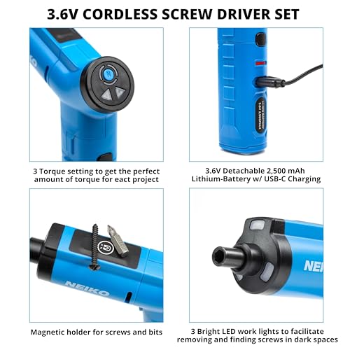 NEIKO 10580A Electric Screwdriver, 34pc Rechargeable Cordless Screwdriver Set, 1/4” Hex Shank 3.6V Lithium Ion Power Screwdriver, 3 LED Lights, USB C Charger Included, Mini Screw Driver thumbnail 4