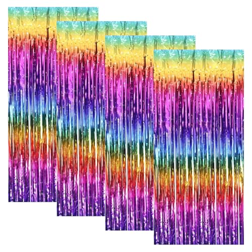 4 Stück Lametta Vorhang Bunt, Regenbogen Glitzer Vorhang Geburtstag, 2m Irisierende Glitzervorhang Lametta zur Foto Hintergrund Wand, Party Vorhänge Deko, Weihnachten, Abschlussball, Geburtstagsparty