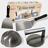 Smash Burger Set Starter – 4-teiliges Burger Set mit Smash Burgerpresse, Burgerglocke und Grillspachtel Set – Edelstahl 304 – Lebensmittelecht - BBQ Zubehör