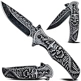 HOLYEDGE 7.8-in Tactical Folding Pocket Knife with 3.3-in Stonewash Blade, 3D Skull Handle, with Pocket Clip, Liner Lock and Auxiliary Opening for Outdoor Camping Survival Knives