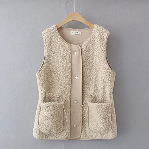 Doudoune Sans Manche Femme,Polaire D'Agneau Weste Damen Veste Sans Manches Beige Col Rond Grande Taille Gilet De Transition Gilet Décontracté Gilet Chaud Femmes Fille Manteau De Fourrure D'Hiver B Cover