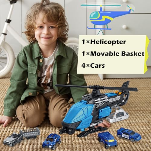 Frontoytall Police Rescue Helicopter Toy Set for Kids 3-8, Transport Cargo Helicopter with 3 Police Cars & Truck, Rotating Blades, Storage Cabin, STEM Learning Toys Gift for Boys Girls - Thumbnail 4