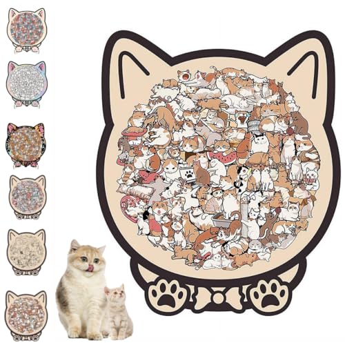 Morandi-Colored Cat Shaped Wooden Jigsaw Puzzle, Cats Wooden Puzzle with Unique Animal Pieces, Cute Cat-Shaped Wood Puzzles with A Frame, Gifts for Cat Lovers, Xmas Decor (Brown D)