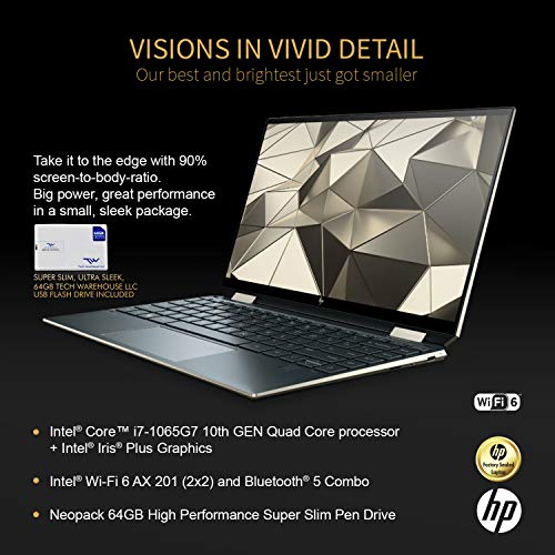 Image of HP Spectre x360 GEM Cut 13.3 inch FHD Touch Laptop, Intel i7-1065G7, 16GB RAM, 512GB SSD, Bang & Olufsen, Fingerprint Reader, HP Stylus, Nightfall Black, Win 10 Pro, 64GB TechWarehouse Flash Drive