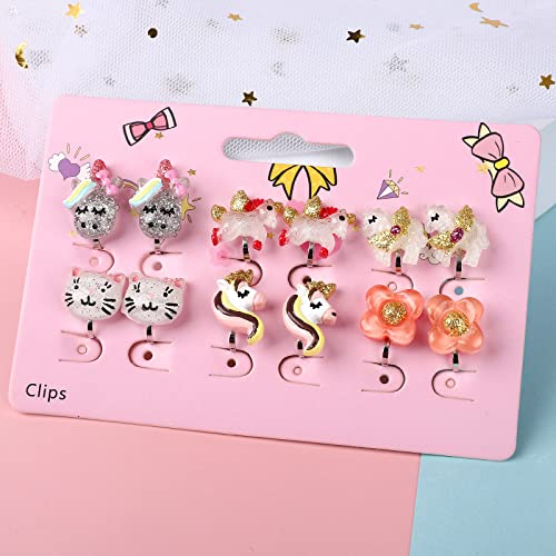 Unicorn Clip On Earrings for Little Girls, Bling Flower and Cat Earrings, Toddler Girls Dress Up Jewelry, 6 Pairs, Best Gift-B 6