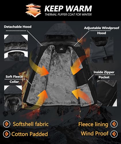 Image of Mens Winter Jackets Waterproof Warm Fleece Ski Jacket with Hood Thermal Windproof Coat Zip Pockets