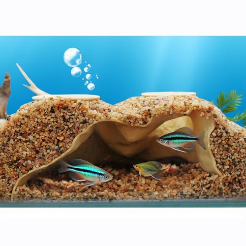 Pleco Cave, Two Hole Aquarium Cave & Shrimp Hideout, 3D Printed Fish Tank Tunnel Decor for Betta, Guppy, Shrimp, Cory, Small Cichlid (Yellow)
