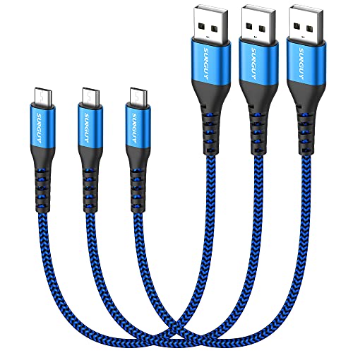 Image of SUNGUY Short Micro USB Cable 1FT[3Pack], 18W USB to Micro USB Cable Fast Charging USB 2.0 Data Sync Nylon Braided for Samsung Galaxy S7 Edge S6, Power Bank, Android Phone, PS4 Blue