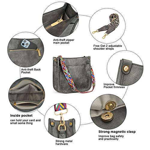 HKCLUF Crossbody Bags for Women Trendy Vegan Leather Hobo Handbags With 2 Adjustable Guitar Strap Crossbody Shoulder Bucket Purse for Women(Gray)