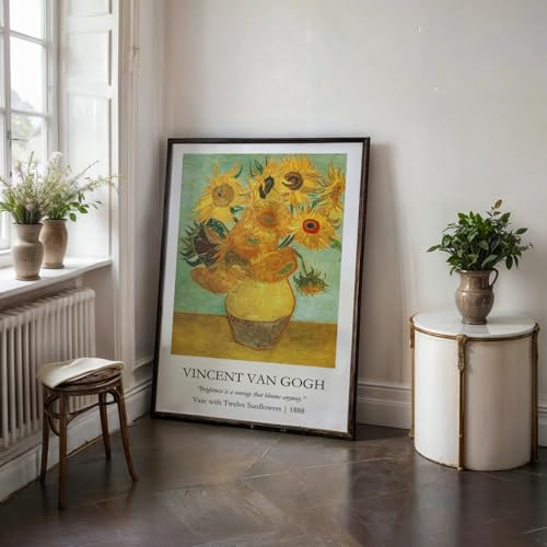 Image of Waltractive Vincent Van Gogh Paintings Framed Poster with Beautiful Quotes - Available in 33x22 and 48x33 CM - Classic Art Poster with sleek Black Frame - Elegant Home and Office Decor (Vase with Twelve Sunflowers, 9x13 Inch, Framed)