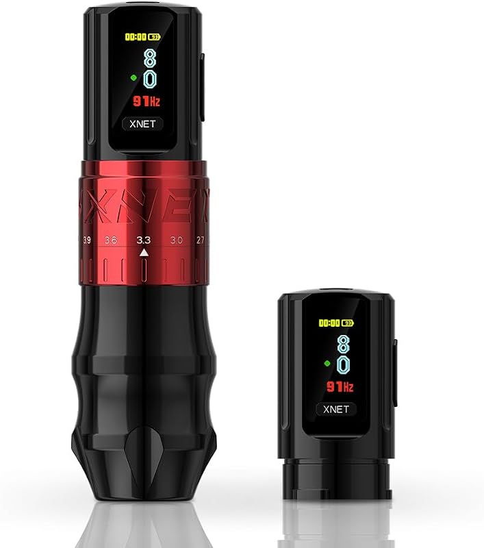Máquina de tatuagem rotativa sem fio XNET Bestia com curso ajustável, motor coreless, tela colorida, bateria de 2400 mAh e cor vermelha