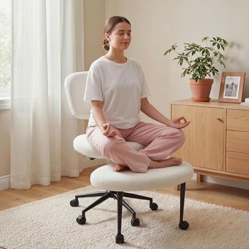 Image of Waleaf Ergonomic Cross Legged Office Chair with Wheels, ADHD Chair for Adults, Meditation Chair, Yoga Office Chair, Kneeling Chairs with Comfortable Back Support, Height Adjustable, Teddy Fabric