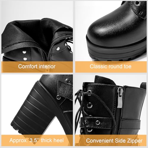 Women’s Ankle Boots Round Toe Gothic Chunky Platform Combat Boots Lace Up Short Booties Side Zipper Biker Boots3