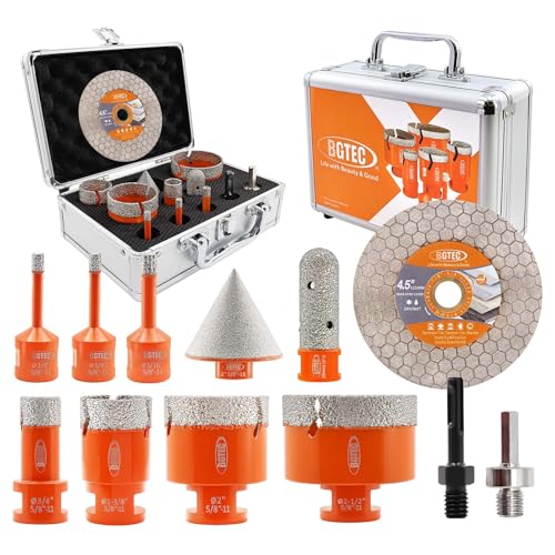 Image of BGTEC Diamond Hole Saw Kit - 12PCS 6 /6 /8 /19 /35 /50 /65mm Drill Bits+20mm Milling Finger Bit+50mm Chamfering Bit+SDS /HEX+115mm Tile Blade for Porcelain Tile Ceramic Granite Marble Stoneware