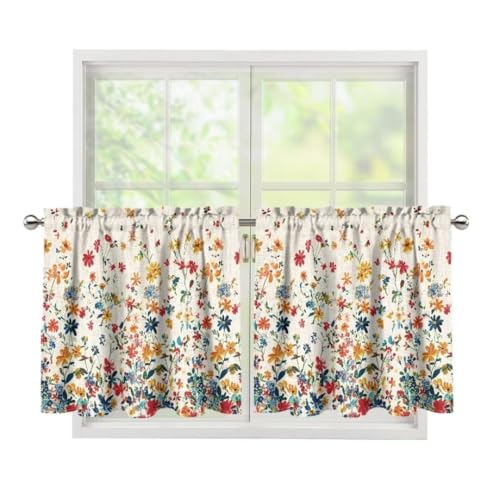 TOADDMOS 2PCS Fashion Kitchen Tier Curtains Wild Floral Flowers Farmhouse Half Curtains 2 Pack Cafe Bar Window Curtains for Living Room Bedroom Bathroom,Rod Pocket,27.5Wx35.8L