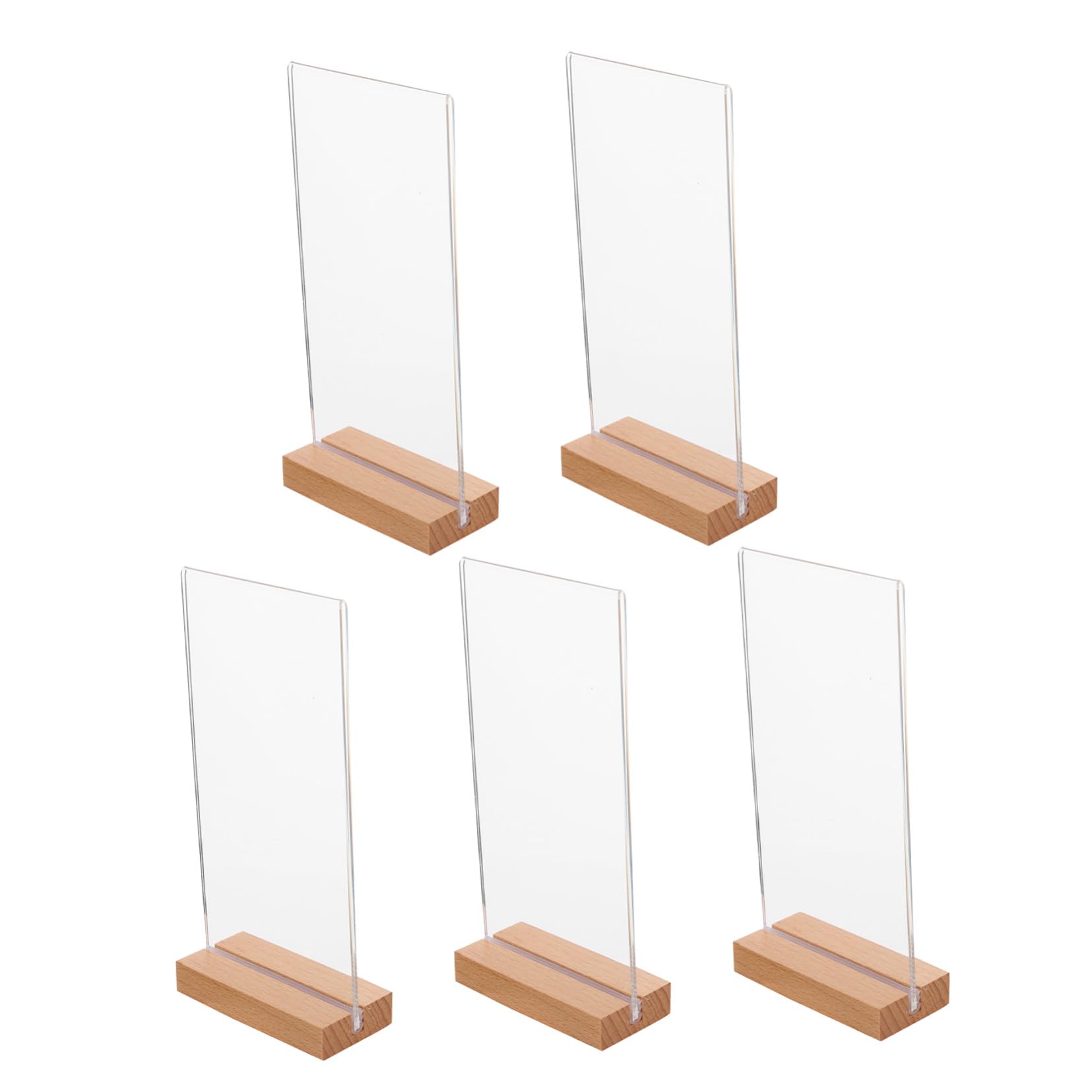 DOITOOL 5 piezas Soporte Acrílico Transparente con Base de Madera para Menú Expositor de Mesa Doble Cara Forma T Pack de Unidades para Restaurantes Bodas y Oficinas