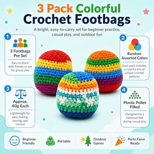 image for Potovcvrp 3 Pack Crochet Footbags, Random Colors Knitted Kick Sack Bal
