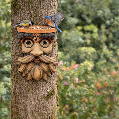 VEOJEIN Tree Face Decor Outdoor Bird Feeder – 11 x 8 Inch Resin Nature Hugger Sculpture with Bird Seed Bowl – Weatherproof Garden Art Statue with Hooks & Hangers – Funny Tree Face Yard Decoration by VEOJEIN - Used condition - Image 2